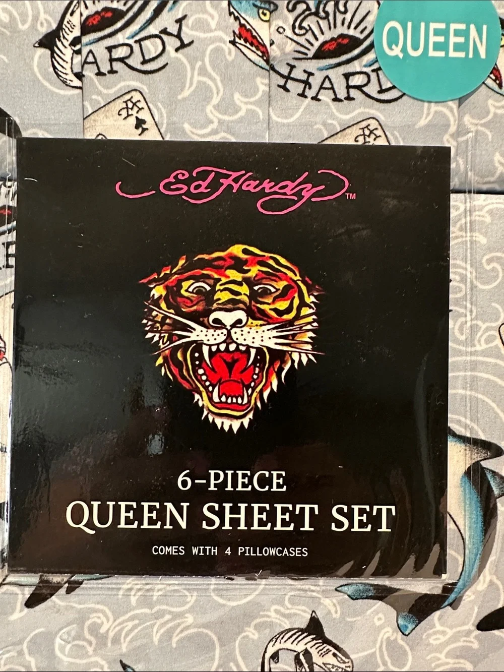 NWT Ed Hardy Shark’s Collection 6 Piece Queen Sheet Set with 4 Pillowcases.